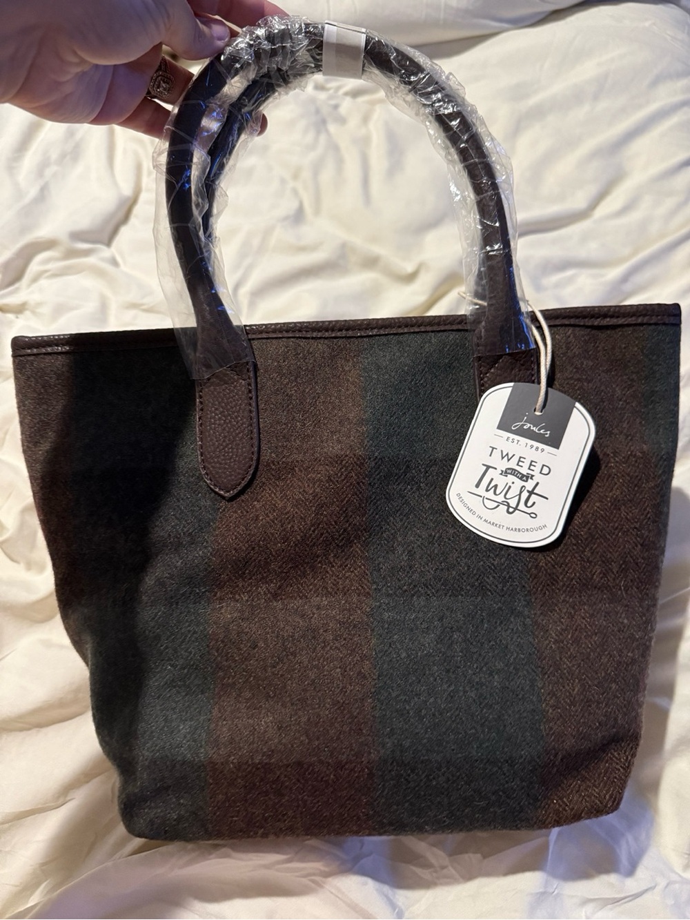 NWT Joules Tweed With a Twist Plaid Tote Bag | Brown & Navy Handbag